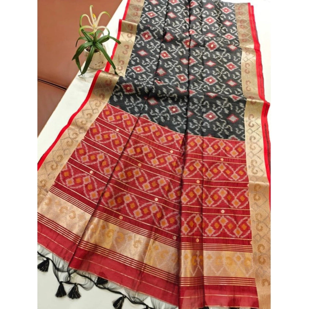 Generic Women's Raw Silk Ikkat Saree With Unstitched Blouse 5.5Mtr (Black)