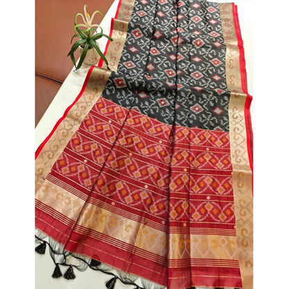 Generic Women's Raw Silk Ikkat Saree With Unstitched Blouse 5.5Mtr (Black)