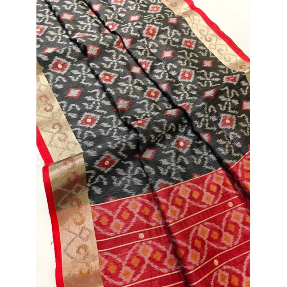Generic Women's Raw Silk Ikkat Saree With Unstitched Blouse 5.5Mtr (Black)