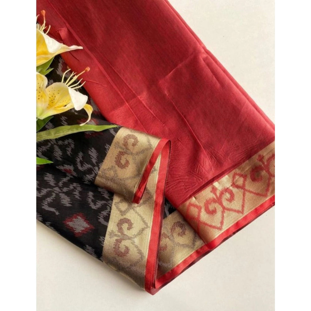 Generic Women's Raw Silk Ikkat Saree With Unstitched Blouse 5.5Mtr (Black)