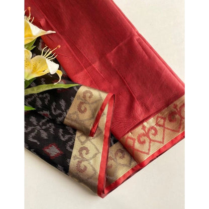 Generic Women's Raw Silk Ikkat Saree With Unstitched Blouse 5.5Mtr (Black)