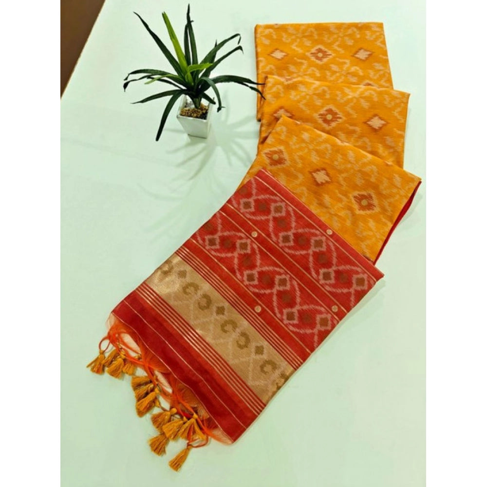 Generic Women's Raw Silk Ikkat Saree With Unstitched Blouse 5.5Mtr (Mustard)
