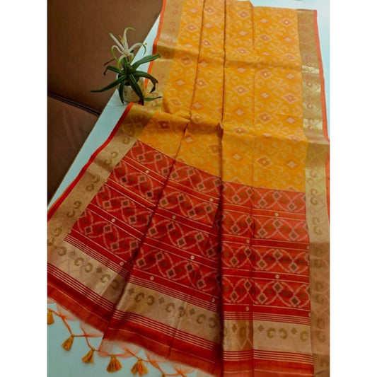 Generic Women's Raw Silk Ikkat Saree With Unstitched Blouse 5.5Mtr (Mustard)