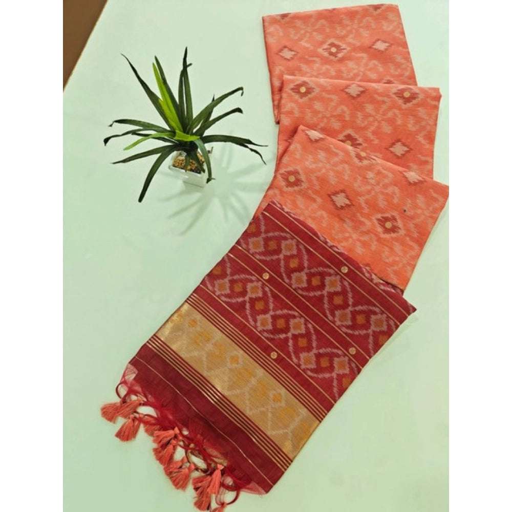 Generic Women's Raw Silk Ikkat Saree With Unstitched Blouse 5.5Mtr (Peach)