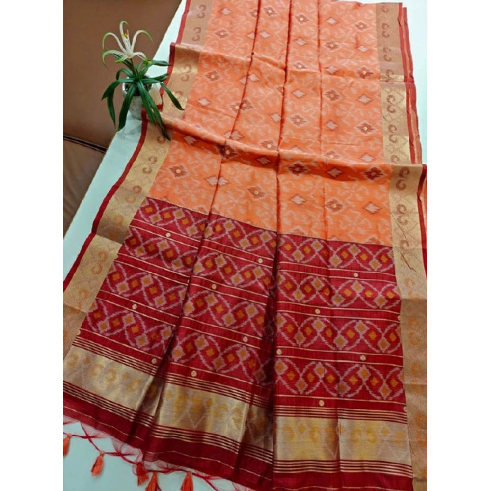Generic Women's Raw Silk Ikkat Saree With Unstitched Blouse 5.5Mtr (Peach)