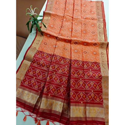 Generic Women's Raw Silk Ikkat Saree With Unstitched Blouse 5.5Mtr (Peach)