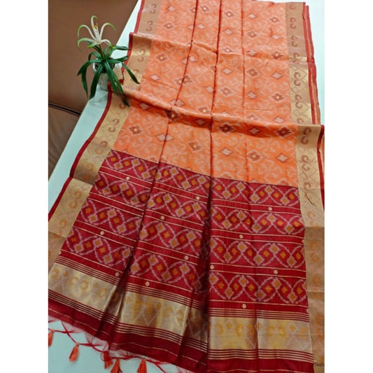 Generic Women's Raw Silk Ikkat Saree With Unstitched Blouse 5.5Mtr (Peach)