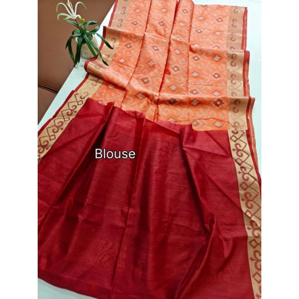 Generic Women's Raw Silk Ikkat Saree With Unstitched Blouse 5.5Mtr (Peach)