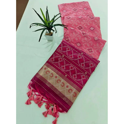 Generic Women's Raw Silk Ikkat Saree With Unstitched Blouse 5.5Mtr (Pink)