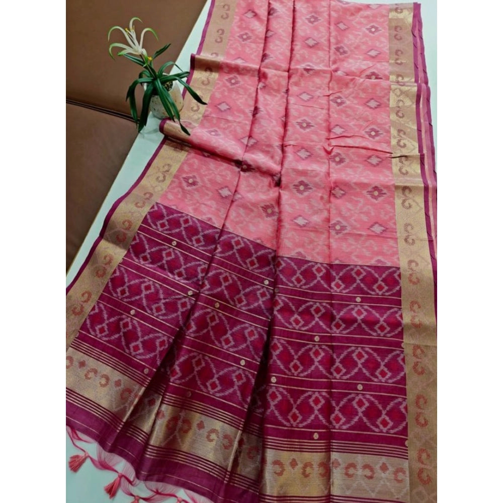 Generic Women's Raw Silk Ikkat Saree With Unstitched Blouse 5.5Mtr (Pink)