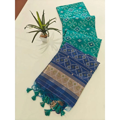 Generic Women's Raw Silk Ikkat Saree With Unstitched Blouse 5.5Mtr (Sky Blue)