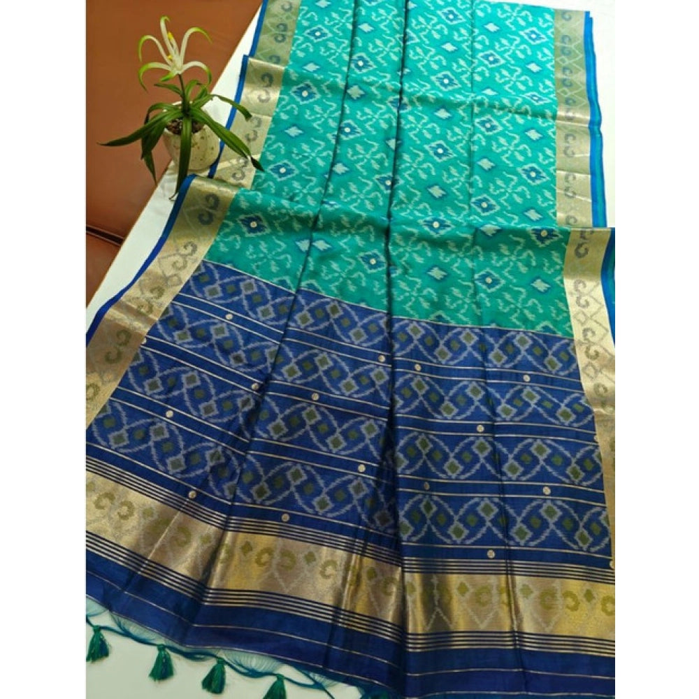 Generic Women's Raw Silk Ikkat Saree With Unstitched Blouse 5.5Mtr (Sky Blue)