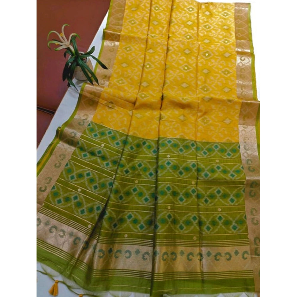 Generic Women's Raw Silk Ikkat Saree With Unstitched Blouse 5.5Mtr (Yellow)