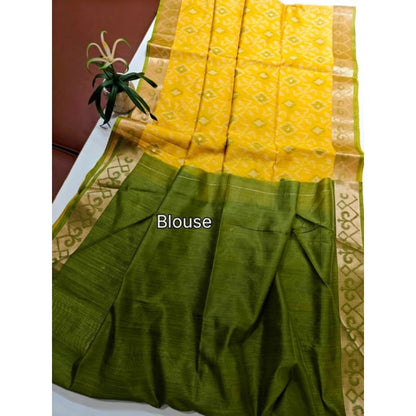 Generic Women's Raw Silk Ikkat Saree With Unstitched Blouse 5.5Mtr (Yellow)