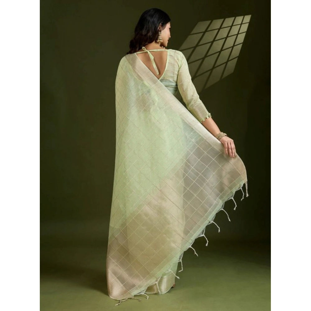 Generic Women's Tissue Checks_With_Buttis Saree With Unstitched Blouse 5.5Mtr (Light_Green)