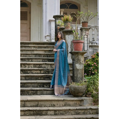 Generic Women's Silk_Blend Butti Pattern Saree With Unstitched Blouse 5.5Mtr (Teal)