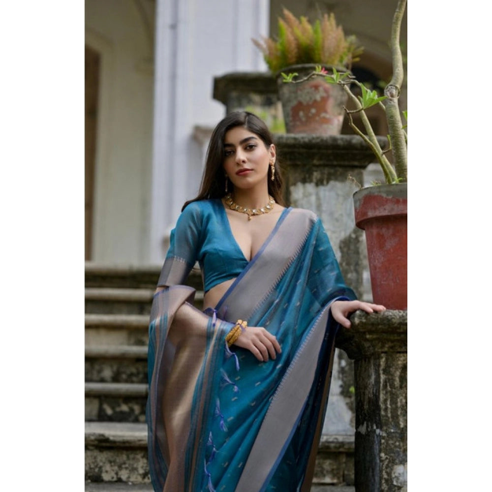 Generic Women's Silk_Blend Butti Pattern Saree With Unstitched Blouse 5.5Mtr (Teal)