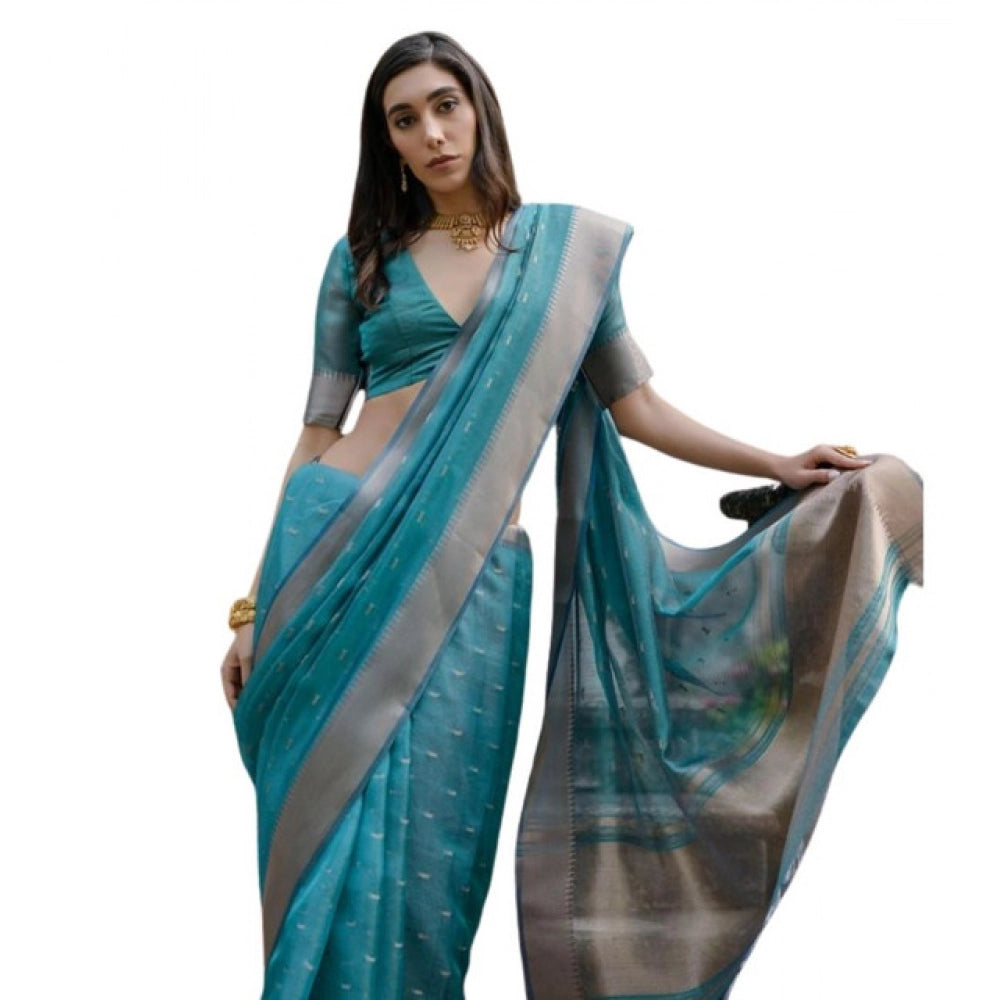Generic Women's Silk_Blend Butti Pattern Saree With Unstitched Blouse 5.5Mtr (Teal)
