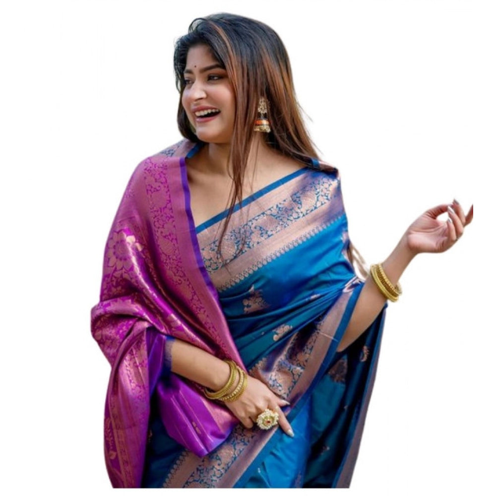 Generic Women's Katan_Silk Zari_Weaving Saree With Unstitched Blouse 5.5Mtr (Blue)