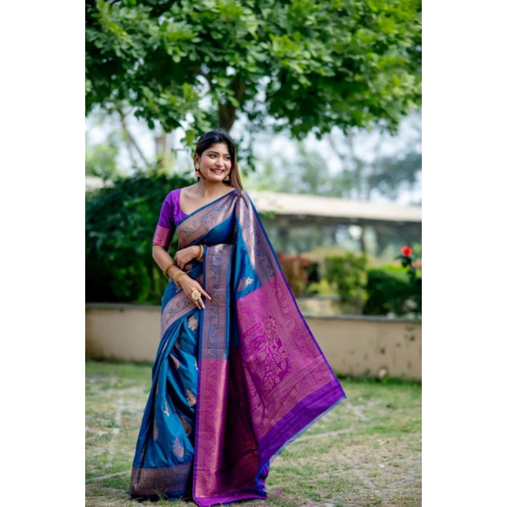 Generic Women's Katan_Silk Zari_Weaving Saree With Unstitched Blouse 5.5Mtr (Blue)