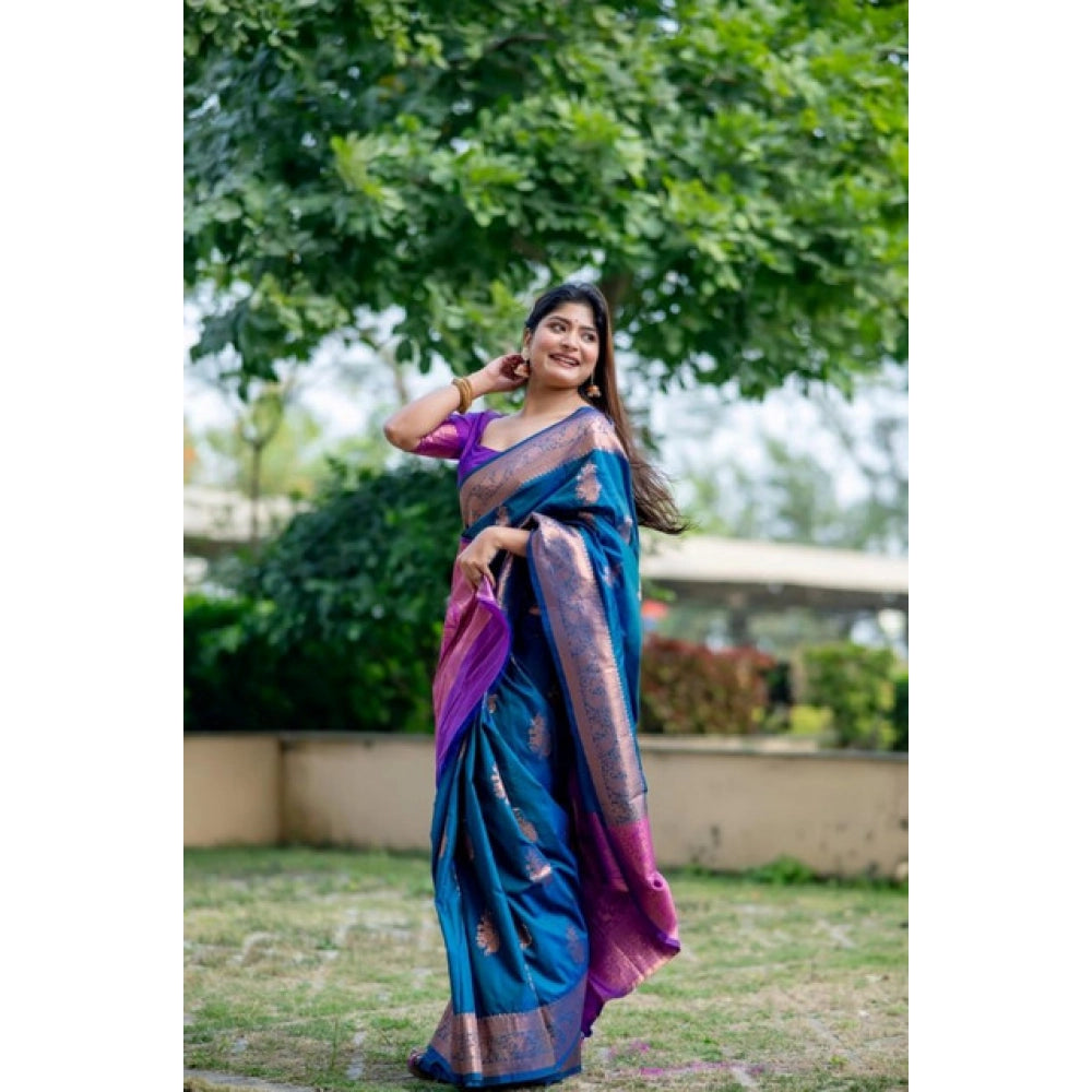 Generic Women's Katan_Silk Zari_Weaving Saree With Unstitched Blouse 5.5Mtr (Blue)