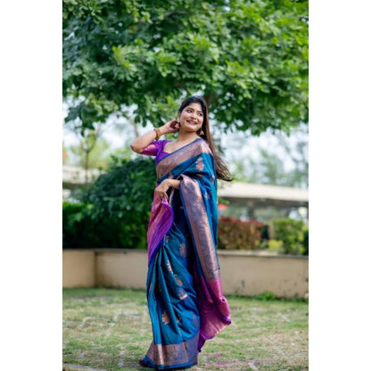 Generic Women's Katan_Silk Zari_Weaving Saree With Unstitched Blouse 5.5Mtr (Blue)