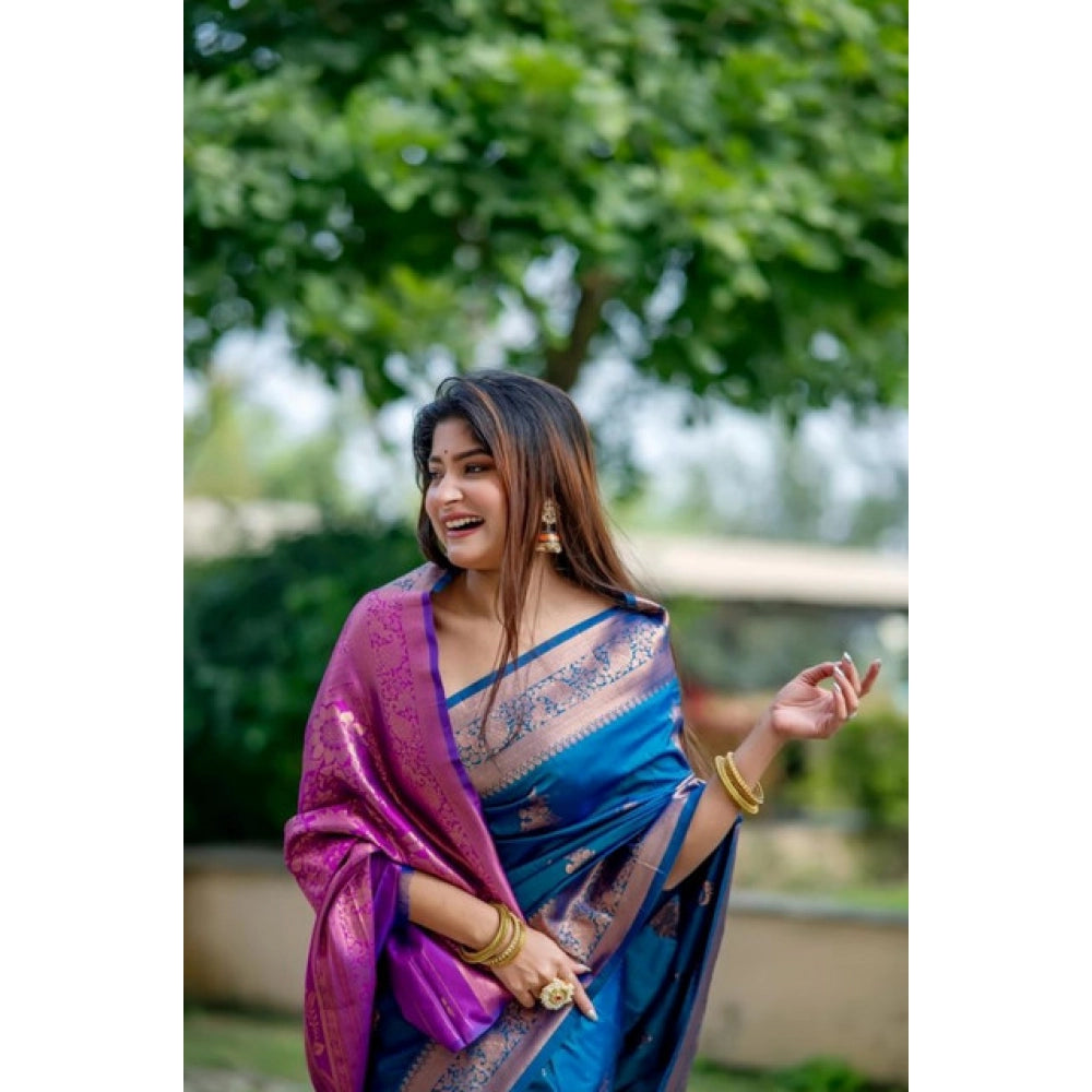 Generic Women's Katan_Silk Zari_Weaving Saree With Unstitched Blouse 5.5Mtr (Blue)