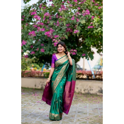 Generic Women's Katan_Silk Zari_Weaving Saree With Unstitched Blouse 5.5Mtr (Dark_Green)