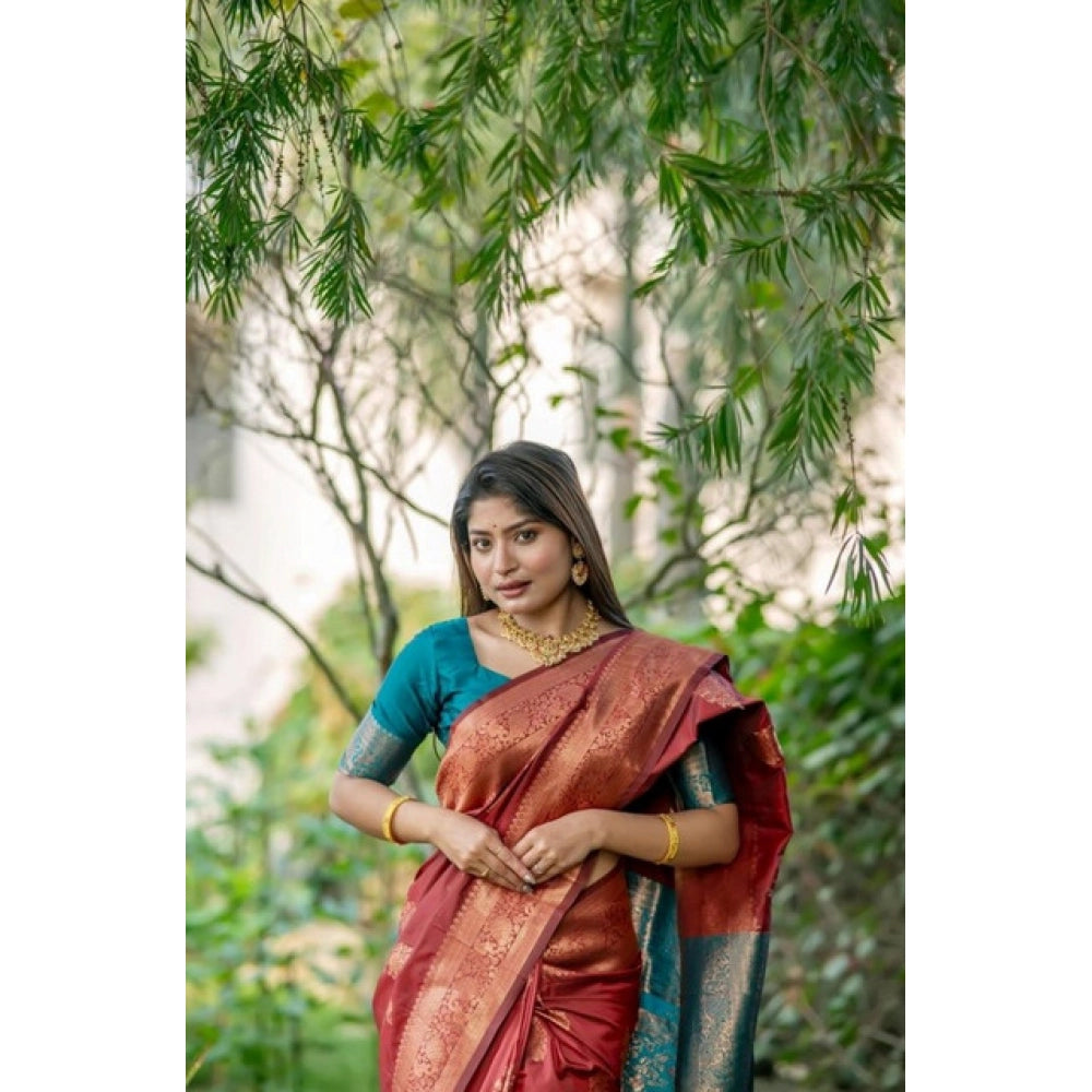 Generic Women's Katan_Silk Zari_Weaving Saree With Unstitched Blouse 5.5Mtr (Maroon)