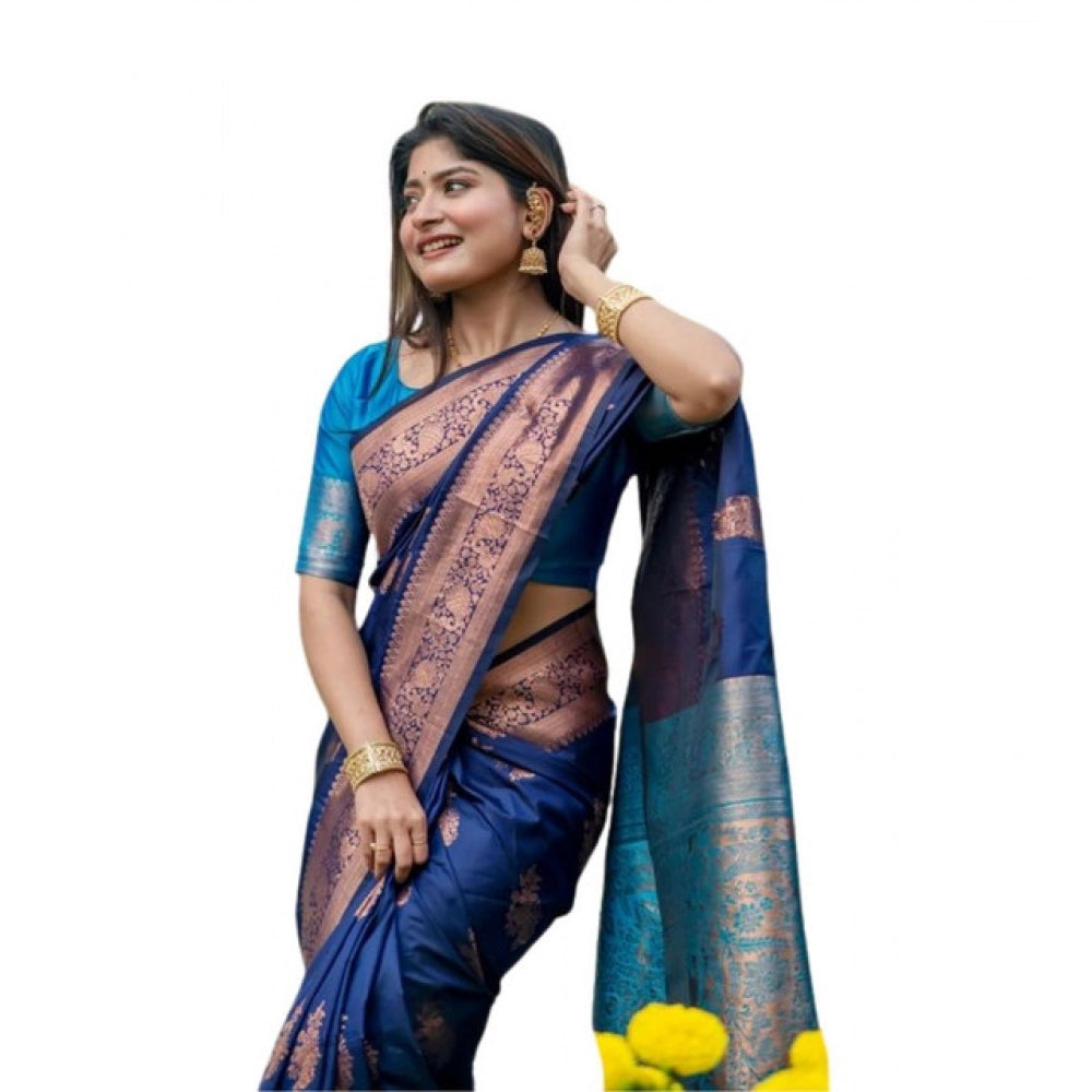 Generic Women's Katan_Silk Zari_Weaving Saree With Unstitched Blouse 5.5Mtr (Navy_Blue)