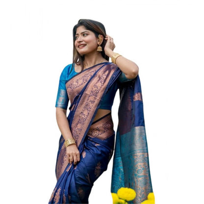Generic Women's Katan_Silk Zari_Weaving Saree With Unstitched Blouse 5.5Mtr (Navy_Blue)