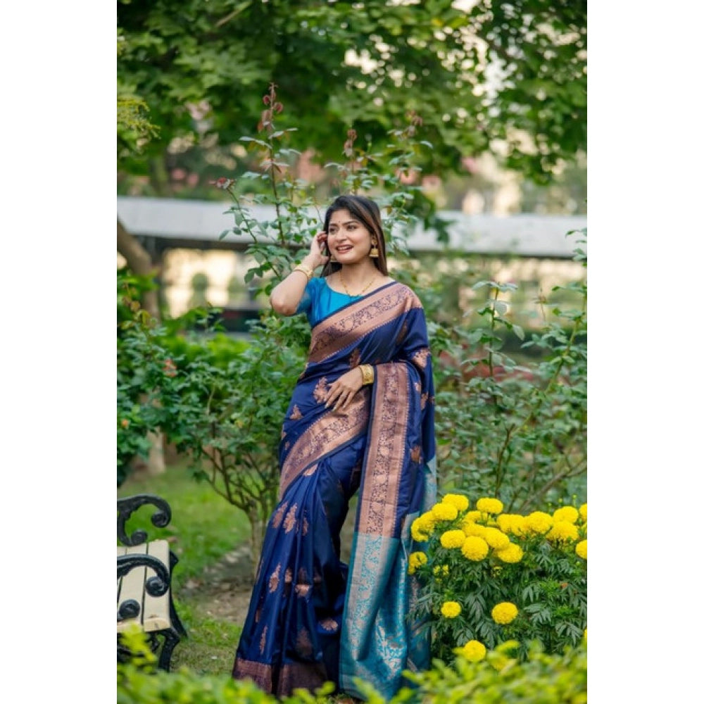 Generic Women's Katan_Silk Zari_Weaving Saree With Unstitched Blouse 5.5Mtr (Navy_Blue)