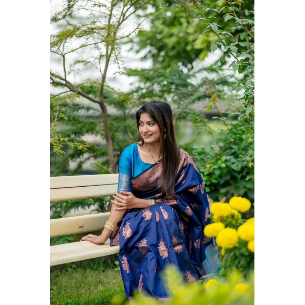 Generic Women's Katan_Silk Zari_Weaving Saree With Unstitched Blouse 5.5Mtr (Navy_Blue)