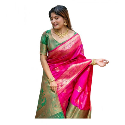 Generic Women's Katan_Silk Zari_Weaving Saree With Unstitched Blouse 5.5Mtr (Pink)