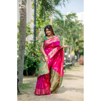 Generic Women's Katan_Silk Zari_Weaving Saree With Unstitched Blouse 5.5Mtr (Pink)