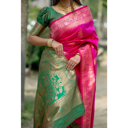 Generic Women's Katan_Silk Zari_Weaving Saree With Unstitched Blouse 5.5Mtr (Pink)