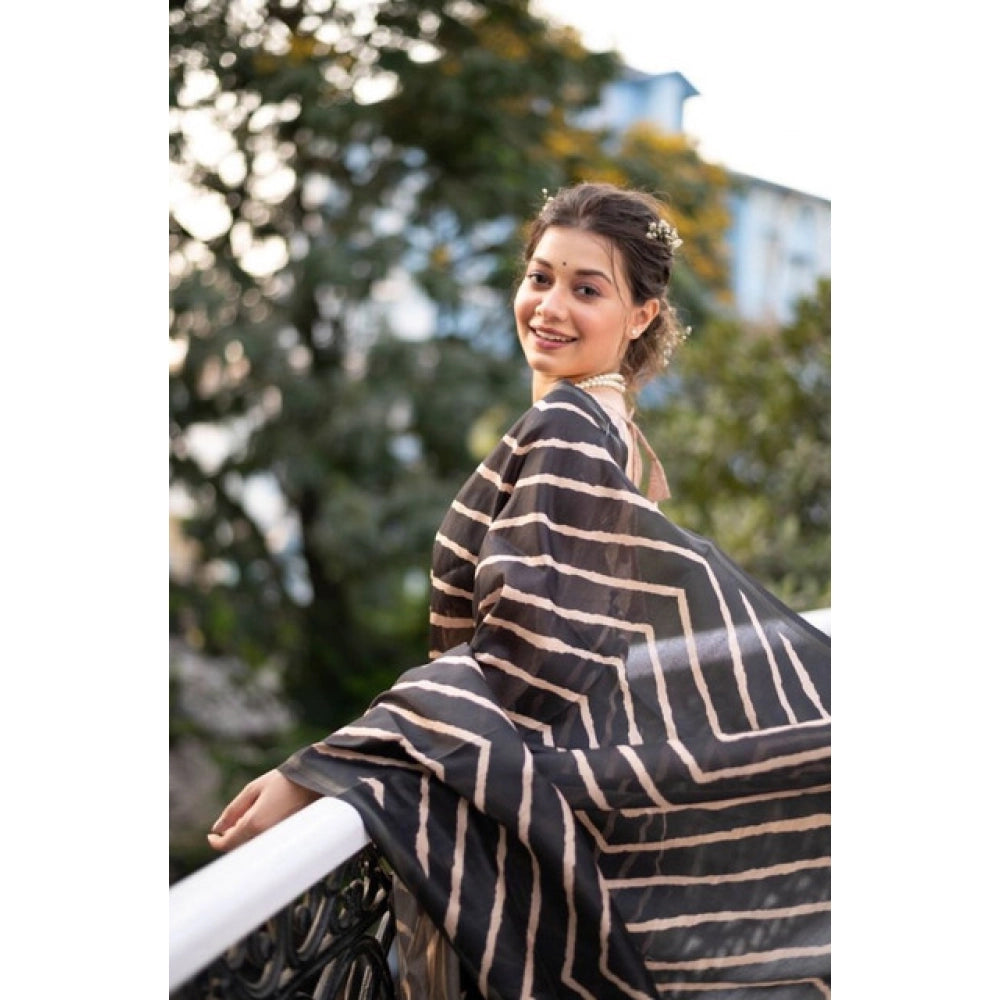 Generic Women's Faux_Tussar_Silk Geometric_Print Saree With Unstitched Blouse 5.5Mtr (Black)