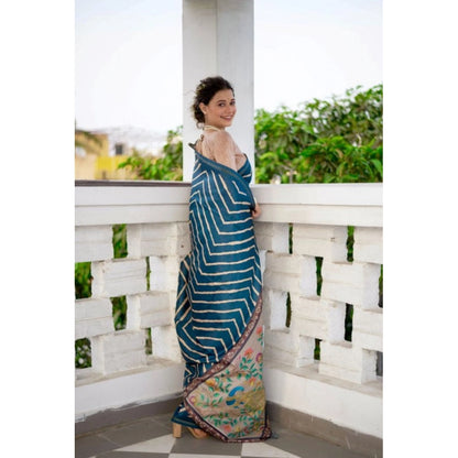 Generic Women's Faux_Tussar_Silk Geometric_Print Saree With Unstitched Blouse 5.5Mtr (Blue)