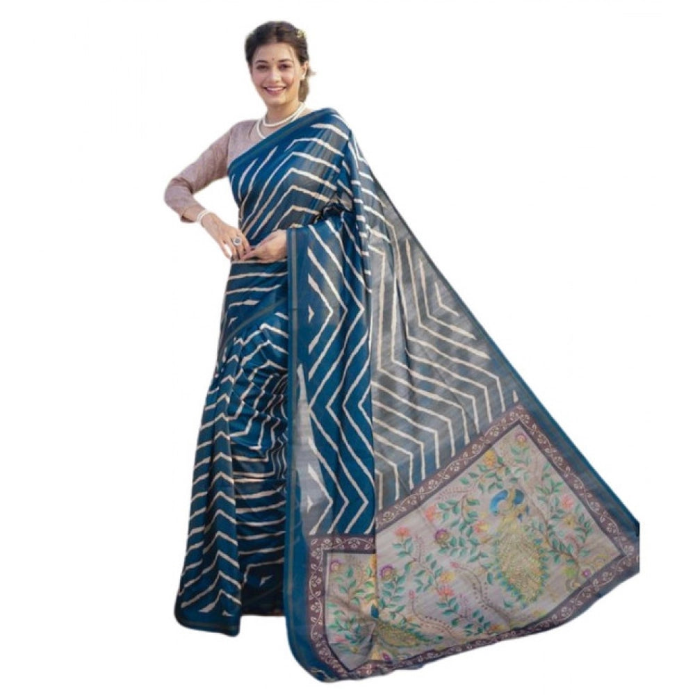 Generic Women's Faux_Tussar_Silk Geometric_Print Saree With Unstitched Blouse 5.5Mtr (Blue)