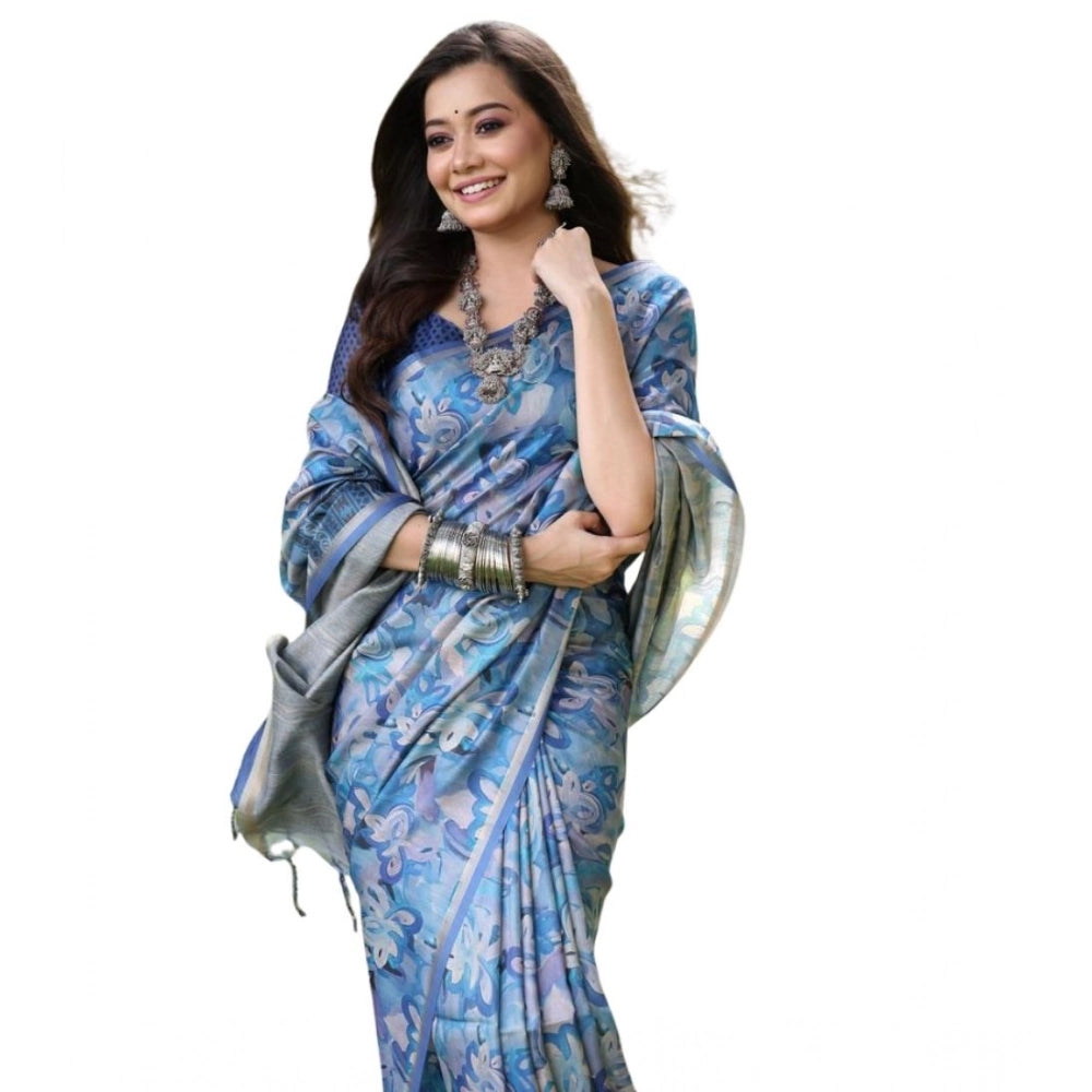 Generic Women's Faux_Tussar_Silk Abstract_Print Saree With Unstitched Blouse 5.5Mtr (Blue)