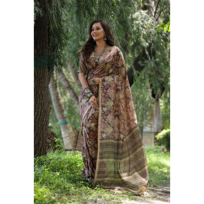 Generic Women's Faux_Tussar_Silk Abstract_Print Saree With Unstitched Blouse 5.5Mtr (Brown)