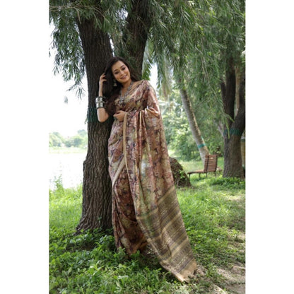 Generic Women's Faux_Tussar_Silk Abstract_Print Saree With Unstitched Blouse 5.5Mtr (Brown)