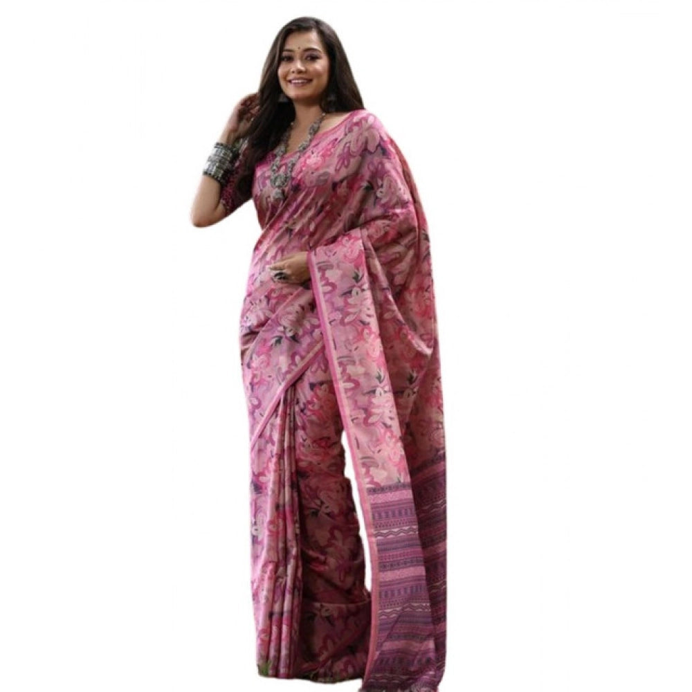 Generic Women's Faux_Tussar_Silk Abstract_Print Saree With Unstitched Blouse 5.5Mtr (Pink)