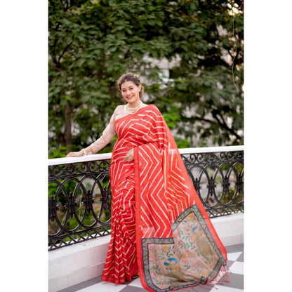 Generic Women's Faux_Tussar_Silk Geometric_Print Saree With Unstitched Blouse 5.5Mtr (Red)