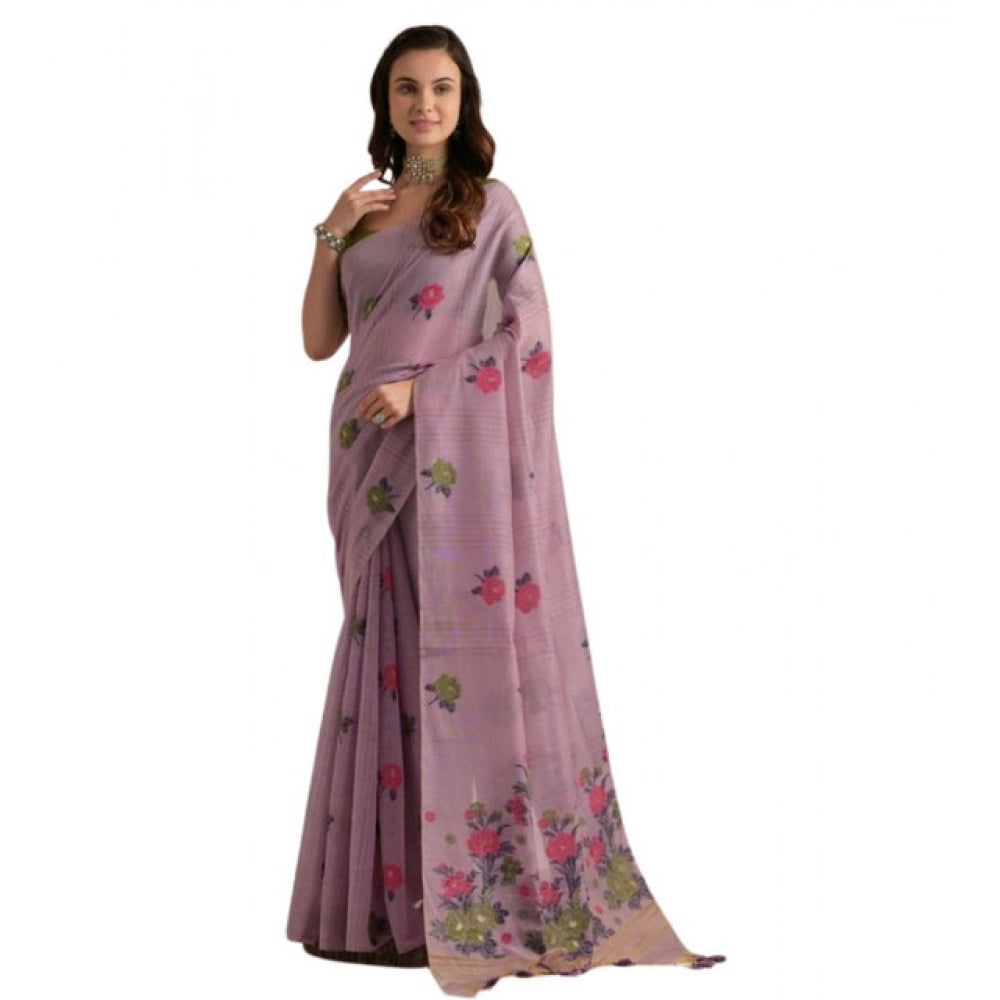 Generic Women's Blended_Cotton Floral Motifs And Woven Buttas Saree With Unstitched Blouse 5.5Mtr (Lavender)