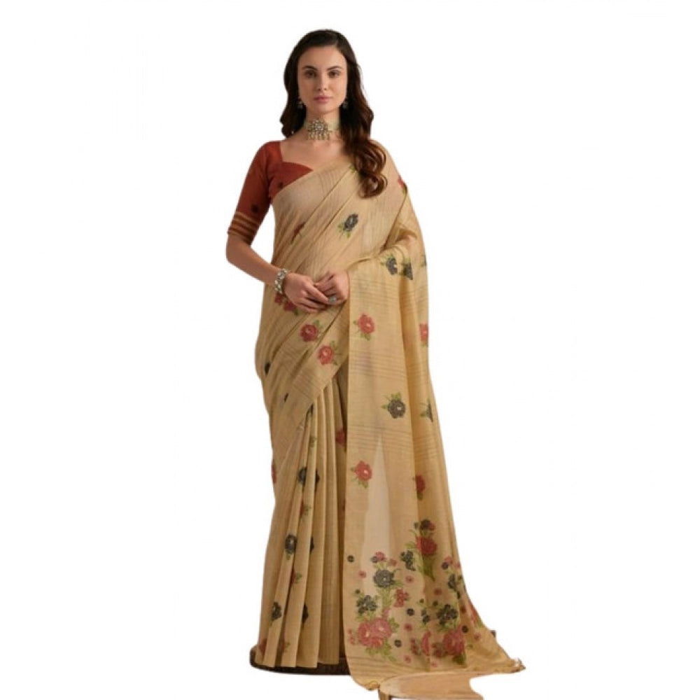 Generic Women's Blended_Cotton Floral Motifs And Woven Buttas Saree With Unstitched Blouse 5.5Mtr (Light_Beige)