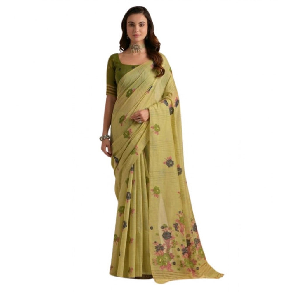 Generic Women's Blended_Cotton Floral Motifs And Woven Buttas Saree With Unstitched Blouse 5.5Mtr (Light_Green)