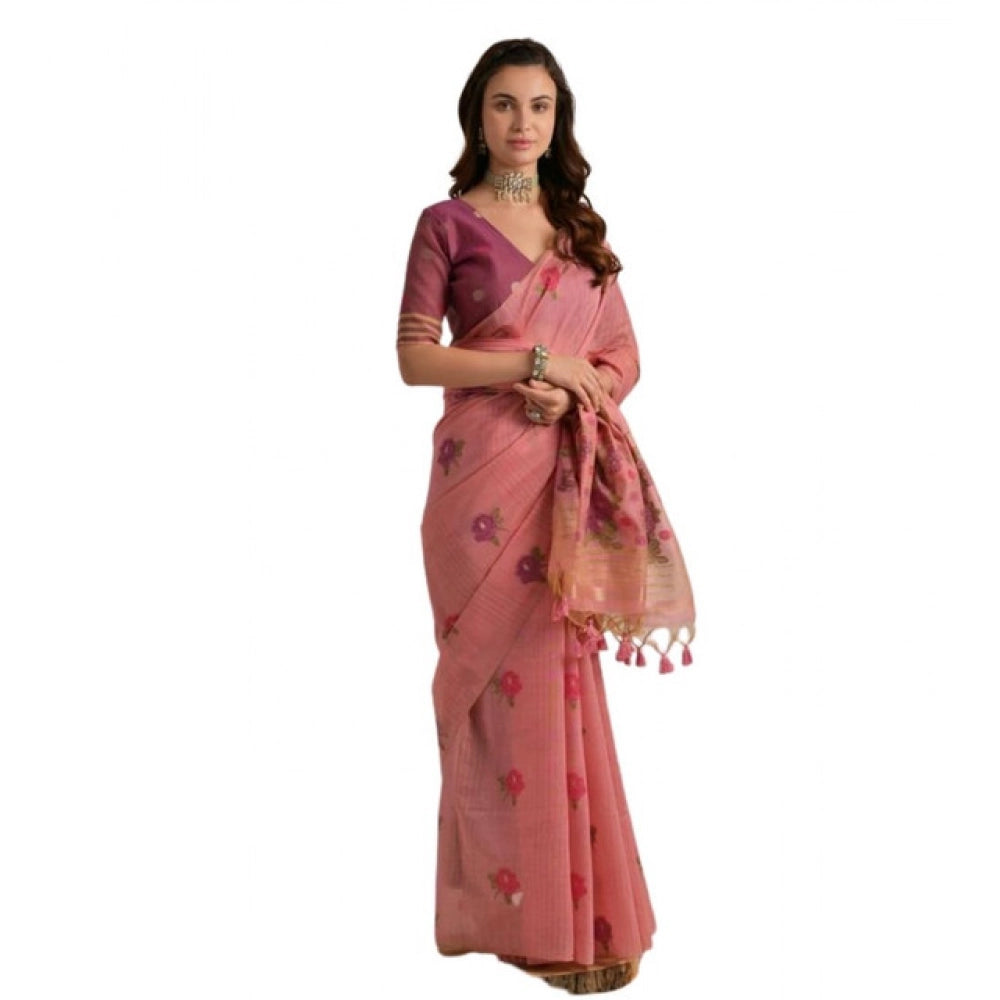 Generic Women's Blended_Cotton Floral Motifs And Woven Buttas Saree With Unstitched Blouse 5.5Mtr (Pink)
