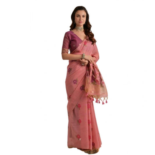 Generic Women's Blended_Cotton Floral Motifs And Woven Buttas Saree With Unstitched Blouse 5.5Mtr (Pink)