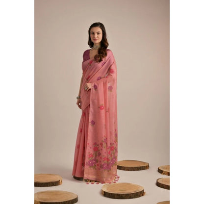 Generic Women's Blended_Cotton Floral Motifs And Woven Buttas Saree With Unstitched Blouse 5.5Mtr (Pink)